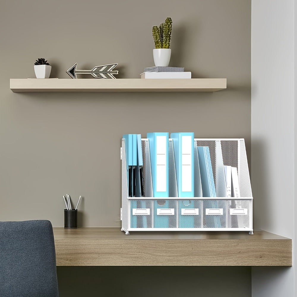 Metal Desk File Organizer 5 Vertical Compartments Magazine Holder Desktop File Rack for Office Home Workspace Document Sorter Letter Tray Paper Storage