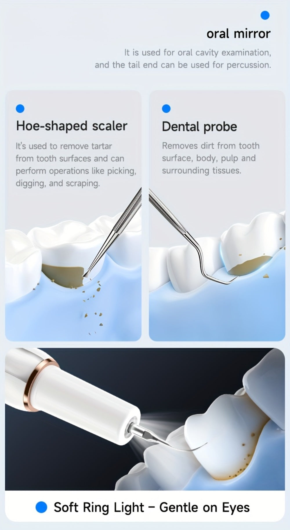 Interdental Plaque Remover with LED Light ¨C Electric Teeth Cleaner, 5 Cleaning Modes, 2 Replacement Heads, Oral Irrigator-Like Function, No Water Required, Dental Care for Travel & Home Use