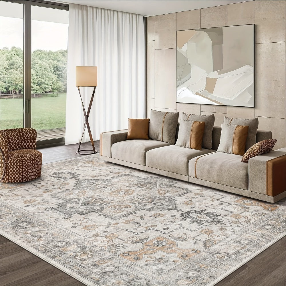 Vintage Chenille Area Rug Non-Slip Machine Washable ¨C Retro Print Lightweight Carpet for Living Room, Bedroom, Dining Area & Home Office ¨C Light Taupe Brown, 8 Sizes