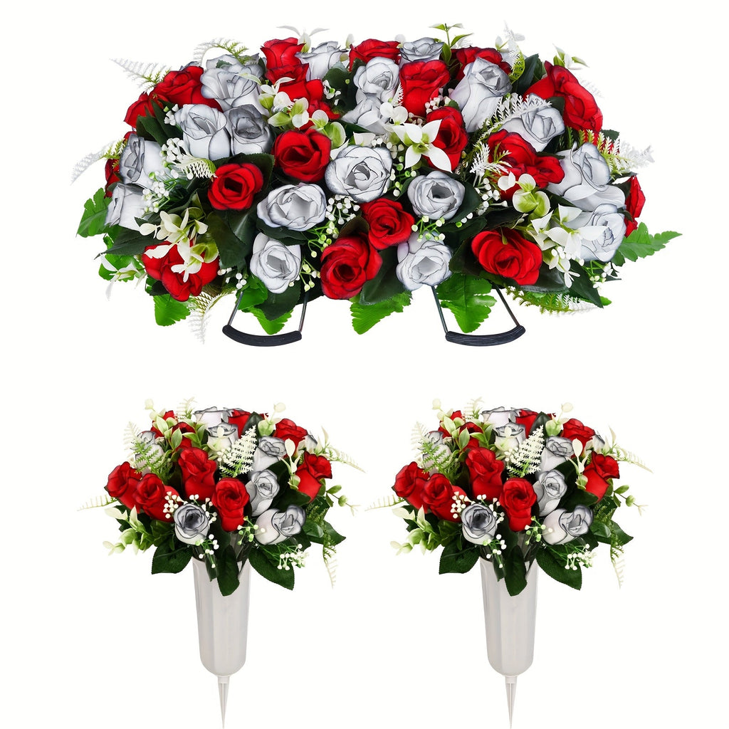 Artificial Cemetery Flowers for Grave with Saddle, Silk Rose Bouquet Headstone Decoration, Memorial Day Grave Flowers, Outdoor Grave Marker Floral Arrangement, 1/2/3 PCS