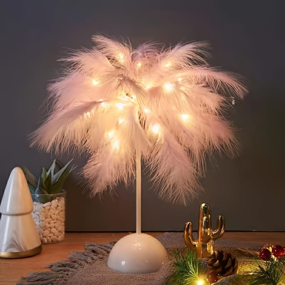 Feather LED Table Lamp ¨C 40-Head Copper Wire Night Light, Romantic Atmosphere Lamp for Bedroom Living Room, Cute Desk Decor Light for Birthday Valentine's Day Gift (White / Pink, 1pc / 2pcs)