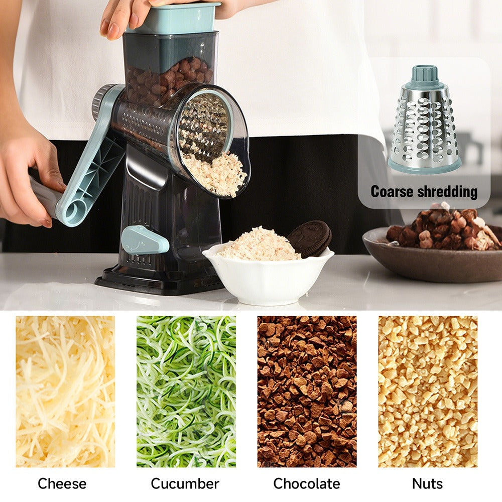 Rotary Vegetable Chopper Cheese Grater 5 Interchangeable Drum Blades Suction Base Ergonomic Handle for Cheese Vegetables Nuts Slicing Shredding