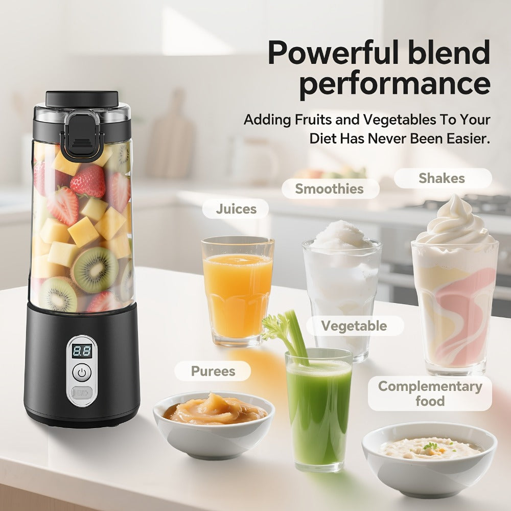 Portable Smoothie Blender USB-C Fast Charge 6-Blade Stainless Steel ¨C Digital Timer Battery Display High-Speed Ice Crush No-Spill Lid | Protein Shake Gym Travel Blender in Black Pink White