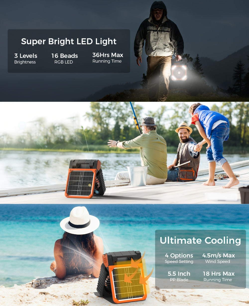 Solar Camping Fan 10400mAh Rechargeable with Solar Panel LED Light Timer USB Battery Powered 2-in-1 Fan and Light for Travel Picnic Outdoor Indoor Sleeping