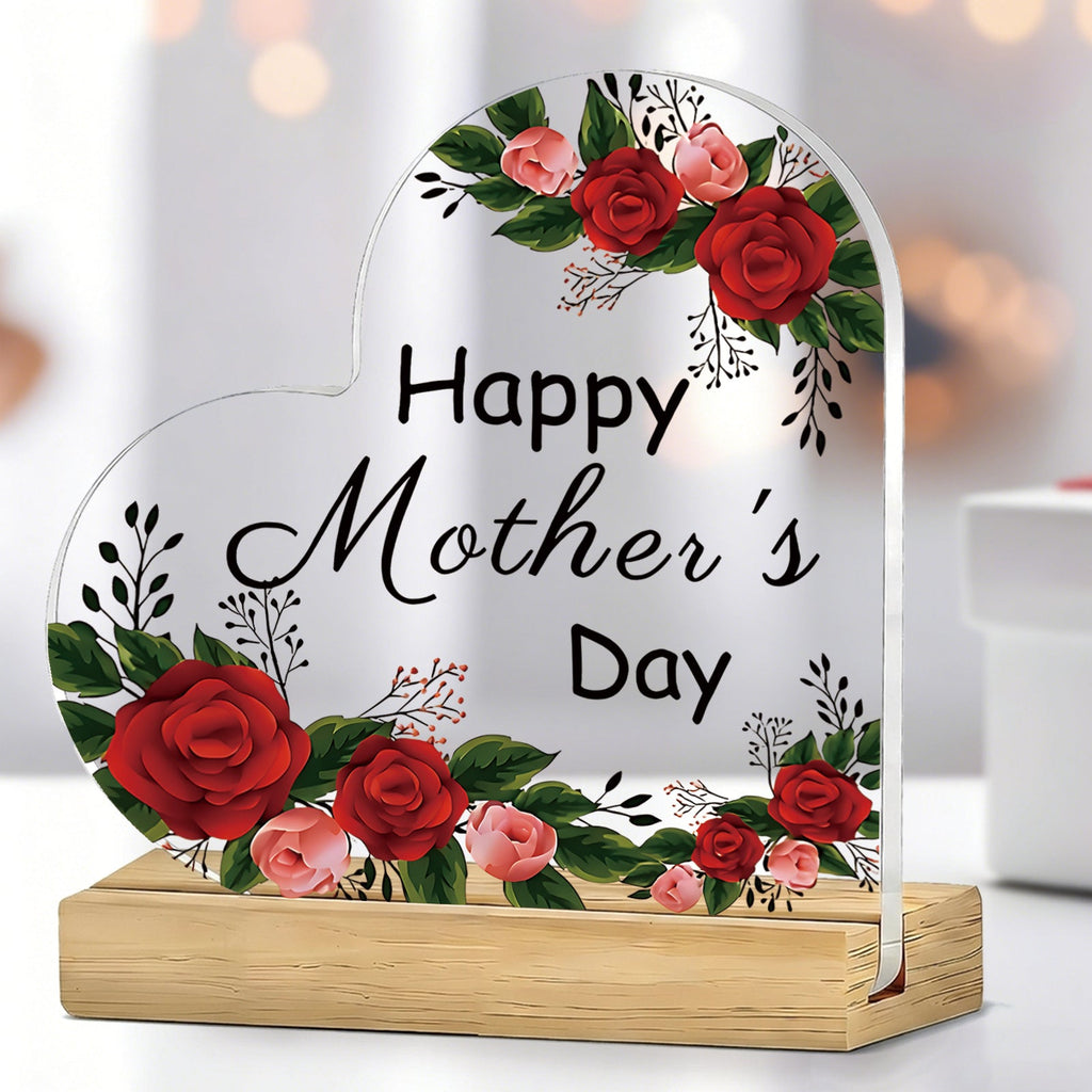 Mother's Day Heart-Shaped Acrylic Sign with Wooden Base | Floral Desktop Ornament for Home Living Room Bedroom | Heartwarming Mom Gift for Mother's Day Celebration Table Decor