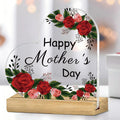 Mother's Day Heart-Shaped Acrylic Sign with Wooden Base | Floral Desktop Ornament for Home Living Room Bedroom | Heartwarming Mom Gift for Mother's Day Celebration Table Decor
