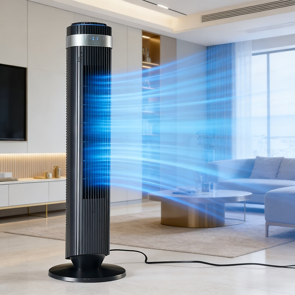 Bladeless Tower Fan with Remote Control, Silent Floor Fan with LED Display 4 Speed Settings & 12-Hour Timer, Quiet Tower Fan for Living Room Bedroom Office, Modern Air Circulator Fan Black White Grey