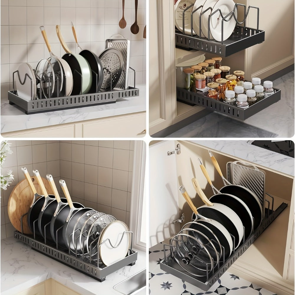 Pull-Out Pot and Pan Lid Rack Cabinet Sliding Storage Organizer - Kitchen Cabinet Slide-Out Box with 8/16 Adjustable Dividers for Lids, Baking Tools & Plates, Black or White, 1 or 2 Pack