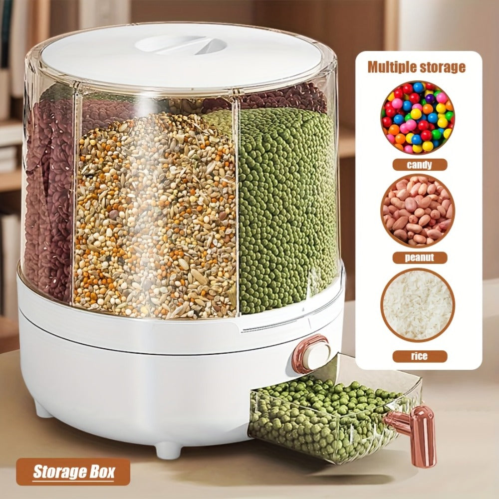Rice Dispenser 360 Rotating 6 Compartment Grain Storage Container - Airtight Moisture Proof with Transparent Window, Food Grade PP, Large Capacity for Rice Cereal Flour and Pet Food, Medium 13lb or Large 22lb
