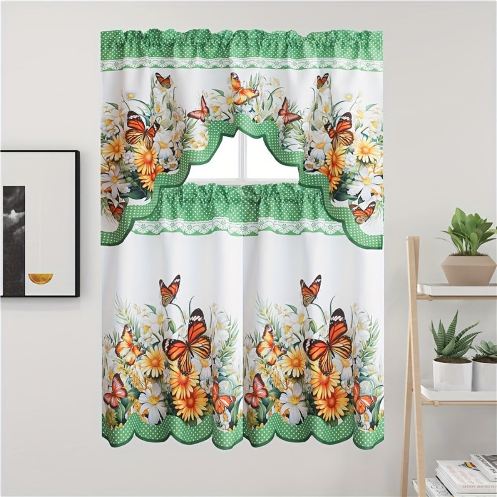 Blackout Kitchen Curtains 3-Piece Set with Butterfly Floral Print - Rod Pocket Window Curtains for Kitchen, Living Room, Bedroom, Bathroom & Restaurant, Polyester Fabric, Machine Washable