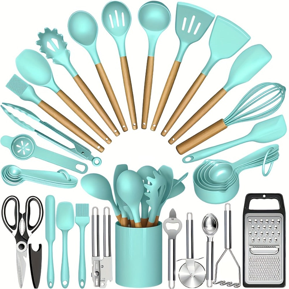 Silicone Cooking Utensils Set 35-Piece with Holder Rack Wooden Handle Heat Resistant Kitchen Tools for Non-Stick Pans ¨C Complete Kitchen Utensil Set in Multiple Colors