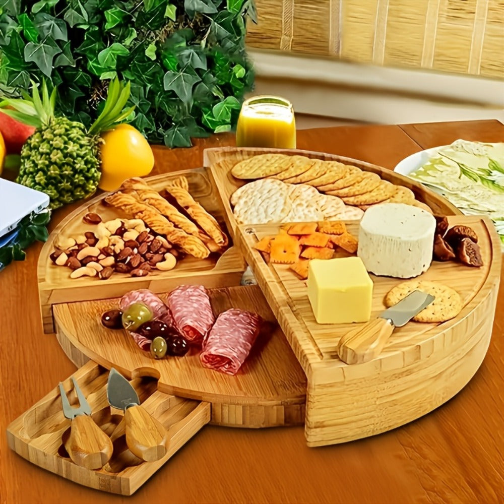Bamboo Cheese Board Set with 2 Knives - Wood Charcuterie Platter Pizza Board Fruit Snack Serving Tray for Entertaining Housewarming Wedding Gift