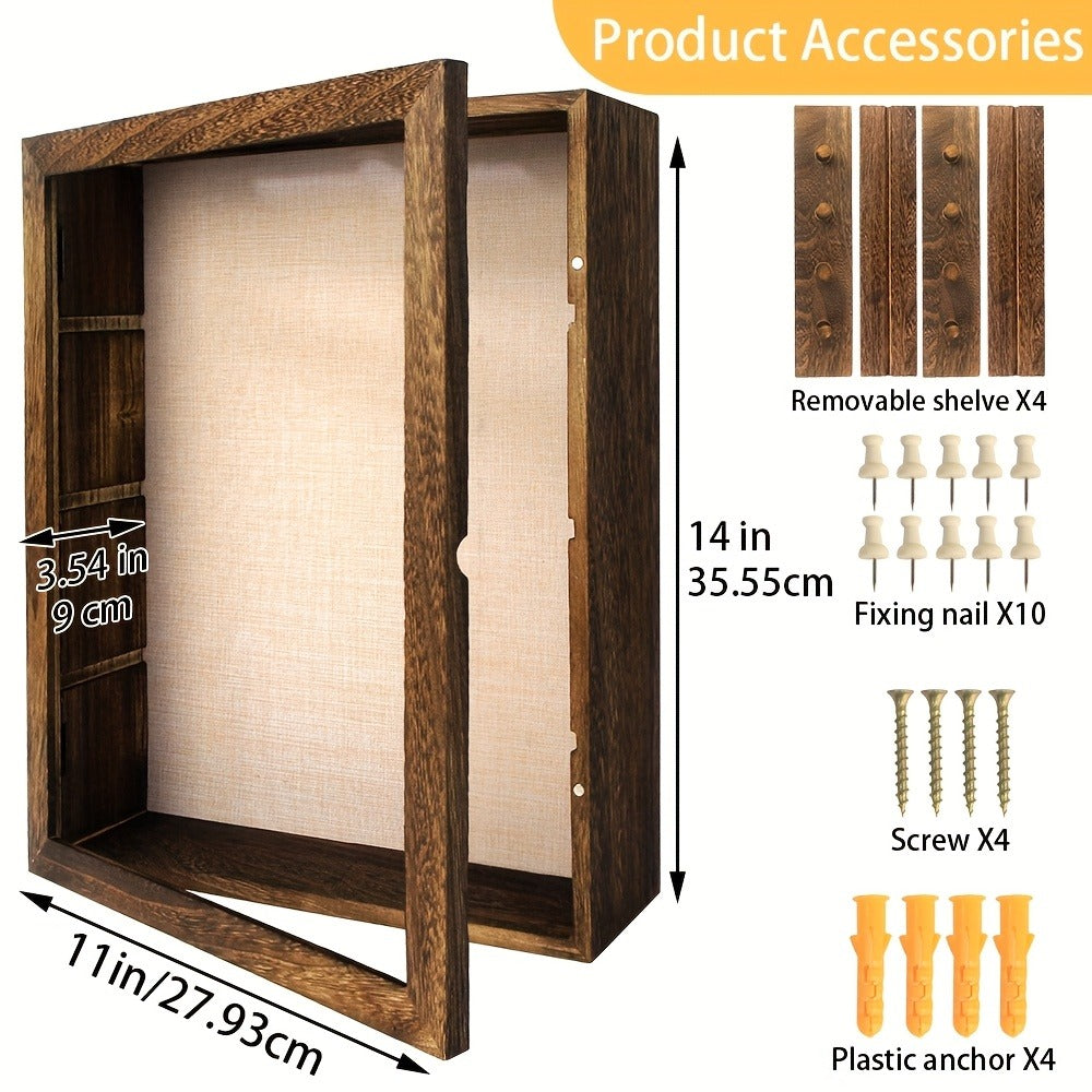 Shadow Box Frame with Linen Back ¨C Large Rustic Memory Display Case 11x14 & 12x16 Inch for Photos, Medals, Coins, Pins, Flowers & Collectibles, 4 Removable Shelves, Black White Brown