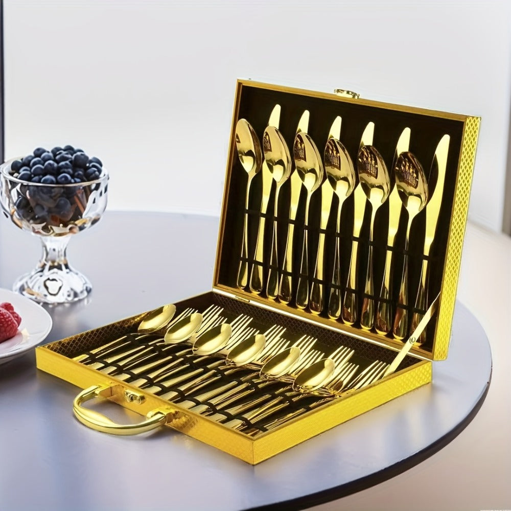 30pcs Golden Stainless Steel Flatware Set for 6 People Mirror Polish Knives Forks Spoons Silverware with Wooden Gift Box for Wedding Celebration Banquet Business Gift