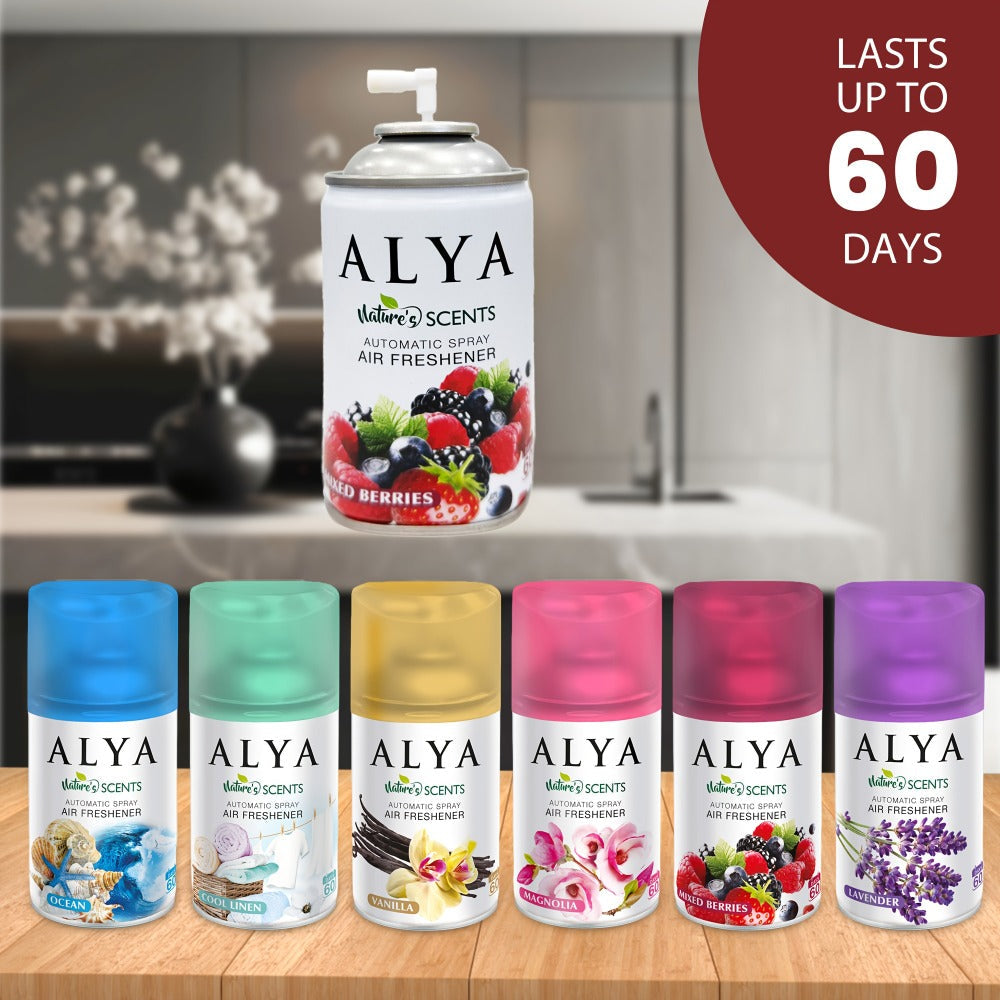 Automatic Spray Air Freshener Refill 8.45oz 1pc or 4pcs - 6 Scents Lavender Vanilla Cool Linen Ocean Mixed Berries Magnolia, Odor Fighting Room Spray for Car Office Home Bathroom Kitchen Fabric Closet