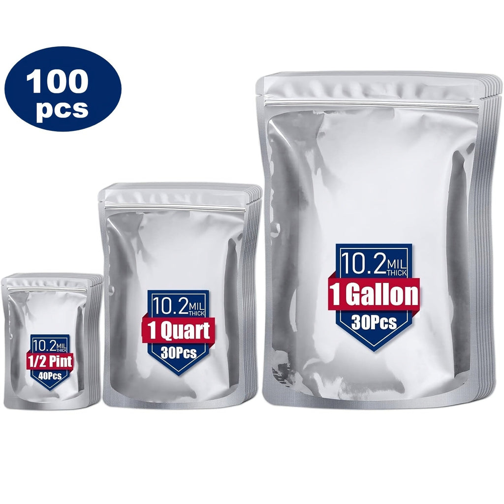 Mylar Bags for Food Storage 100 Pack Resealable 3 Sizes 1 Gallon 10 Mil 1 Quart 8 Mil Half Pint 6 Mil Stand Up Airtight Bags for Long Term Food Preservation Prepping Camping