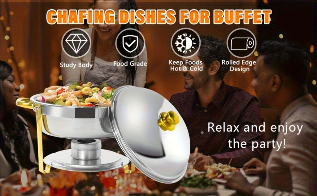 Golden Chafing Dish Buffet Set with Glass Lid 6QT Round Stainless Steel Food Warmer Chafer for Catering Party Dinners Weddings, Titanium Gold Finish, 2 & 4 Pack