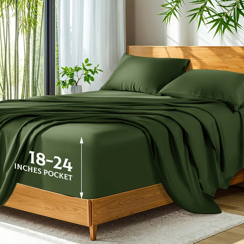 Bamboo Bed Sheets Set Twin Full Queen King ¨C Cooling Breathable Viscose Fitted Sheet for Hot Sleepers Hotel Luxury Deep Pocket Bedding 13 Colors Available