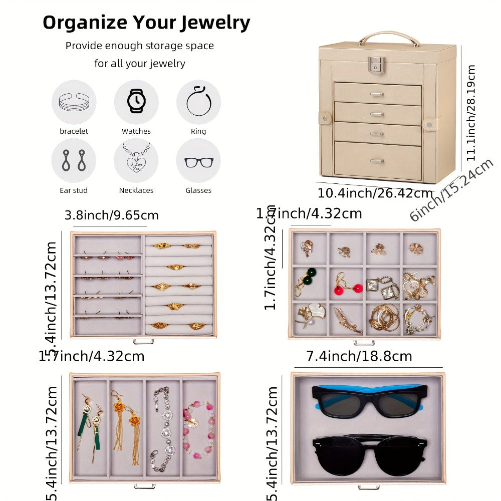 Large Jewelry Box 5-Tier PU Leather Organizer with Lock & Mirror ¨C Storage Case for Bracelets, Earrings, Rings & Necklaces