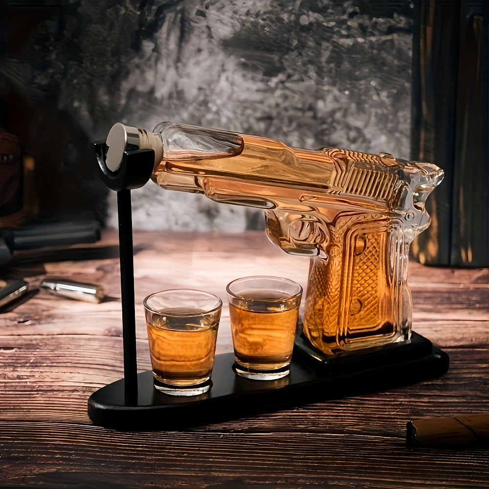 Whiskey Gun Decanter Set 10oz with 2 Bullet Shot Glasses & Wooden Stand, Handgun Shaped Liquor Decanter for Home Bar, Unique Novelty Gift for Men, Dad, Birthday & Valentine's Day