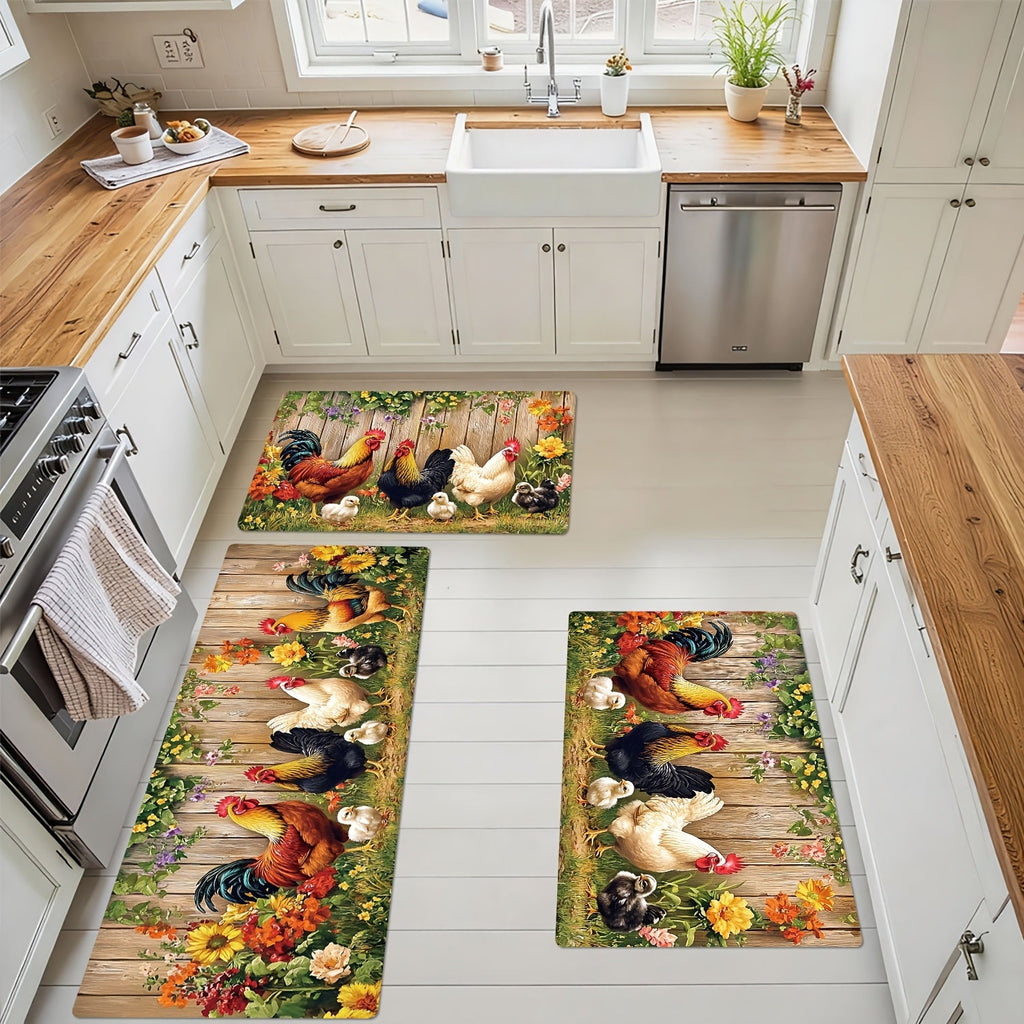 Rooster Kitchen Rugs Set 1/2/3/4pcs Vintage Farmhouse Anti-Slip Floor Mats for Kitchen Bedroom Bathroom Living Room Laundry Room Entrance