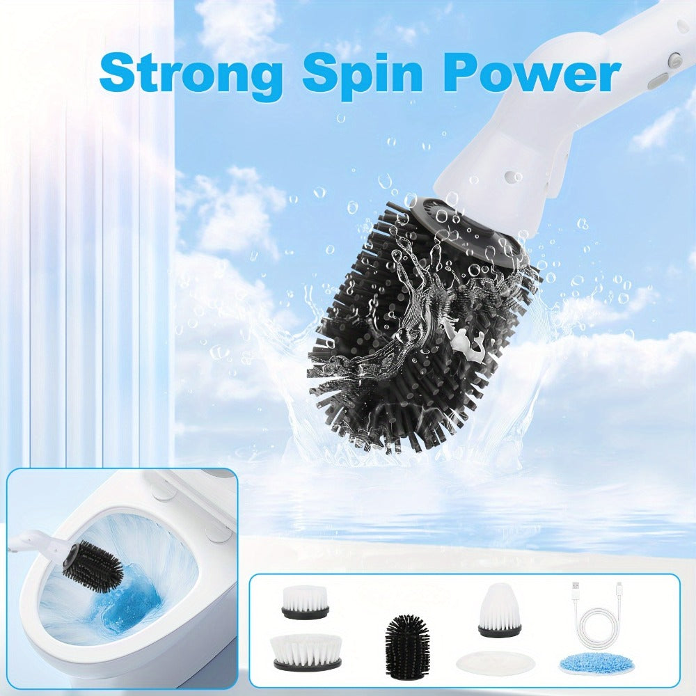 Electric Spin Scrubber Cordless Rechargeable - Adjustable Handle with 6 Brush Heads, All-Purpose Power Scrubber for Bathroom, Kitchen, Tile, Shower, Tub & Car, Time-Saving Cleaning Tool, White