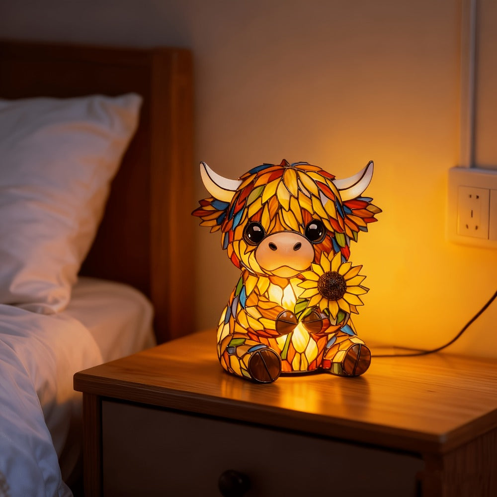 Highland Cow Desk Lamp USB Powered Cute Cow Night Light Handcrafted Sunflower Design Bedroom Living Room Decor Unique Gift for Friends Family Kids