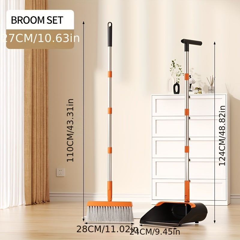 Folding Broom and Dustpan Set 50 Inch Extended Handle - Dense Elastic Bristles Wide Deep Dustpan for Dust Hair Debris, Foldable Broom for Home Kitchen Bathroom Bedroom Living Room, Blue White Black Orange Khaki