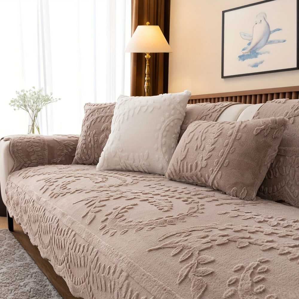 Faux Rabbit Fur Plush Sofa Cover Non-Slip | Thickened Quilted Couch Cushion, Machine Washable Pet Friendly, 1 to 4 Seat Armrest Backrest, White Light Grey Brown, Home Winter Decor