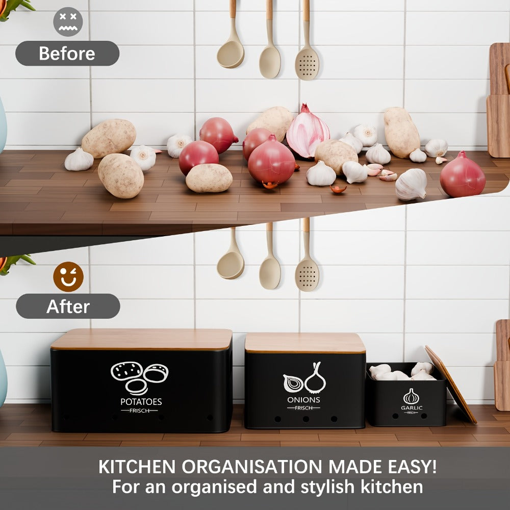 Vegetable Storage Box Set 3 Piece ¨C Potato Onion Garlic Organizer Canisters with Flip-Top Lid, Metal Pantry Kitchen Food Storage Containers