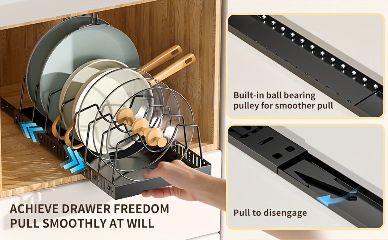 Pull Out Pot and Pan Organizer for Cabinet - Sliding Lid Rack with 8 Adjustable Dividers for Kitchen Cabinet Storage, Drill-Free Installation Pan Holder for Lids Baking Sheets and Cookware, Available in 1 or 2 Pack in Black or White