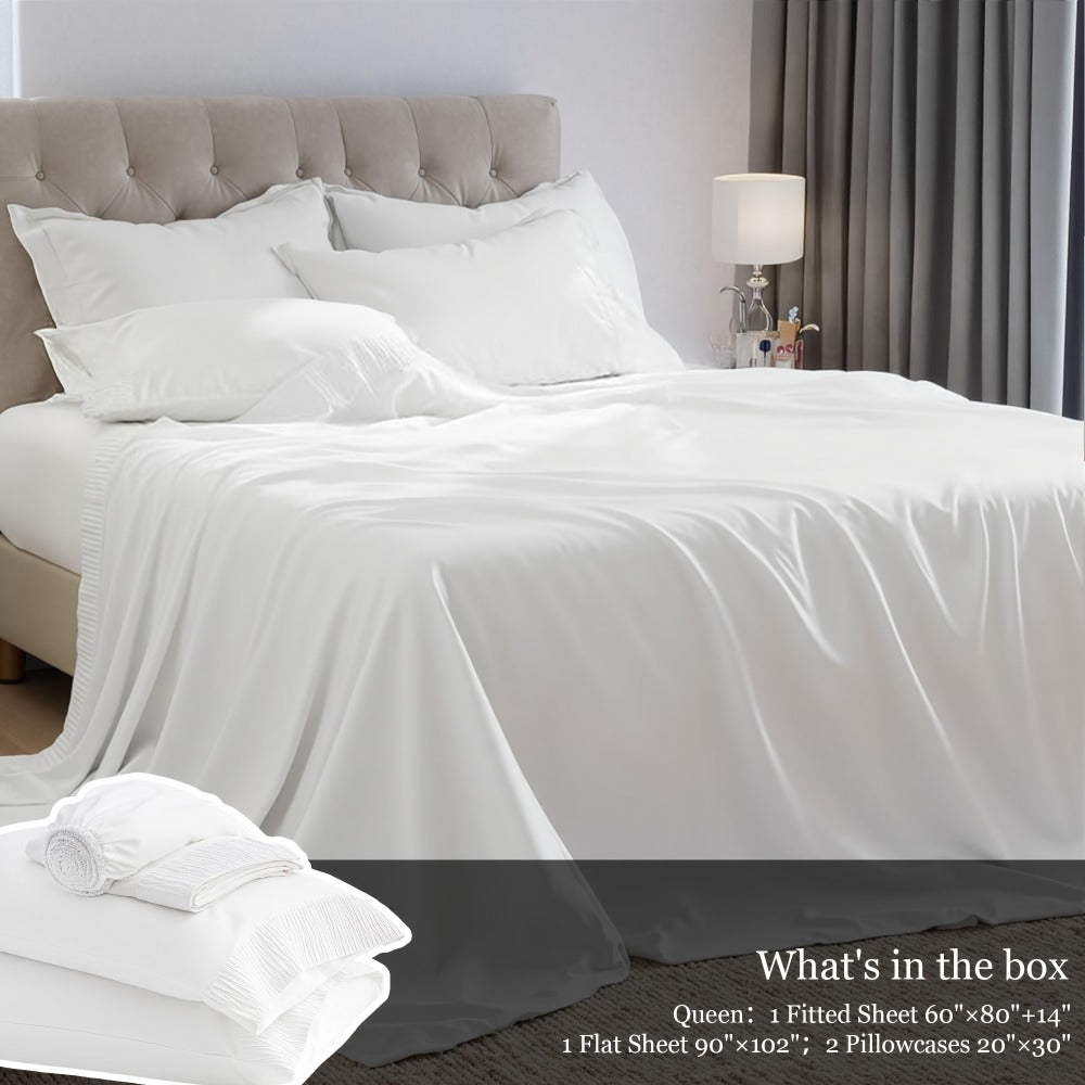 Bed Sheet Set 4-Piece Soft Breathable Cooling Sheets - Flat Sheet, Fitted Sheet & 2 Pillowcases, Wrinkle-Free Hotel Luxury Bedding, All Season Comfort