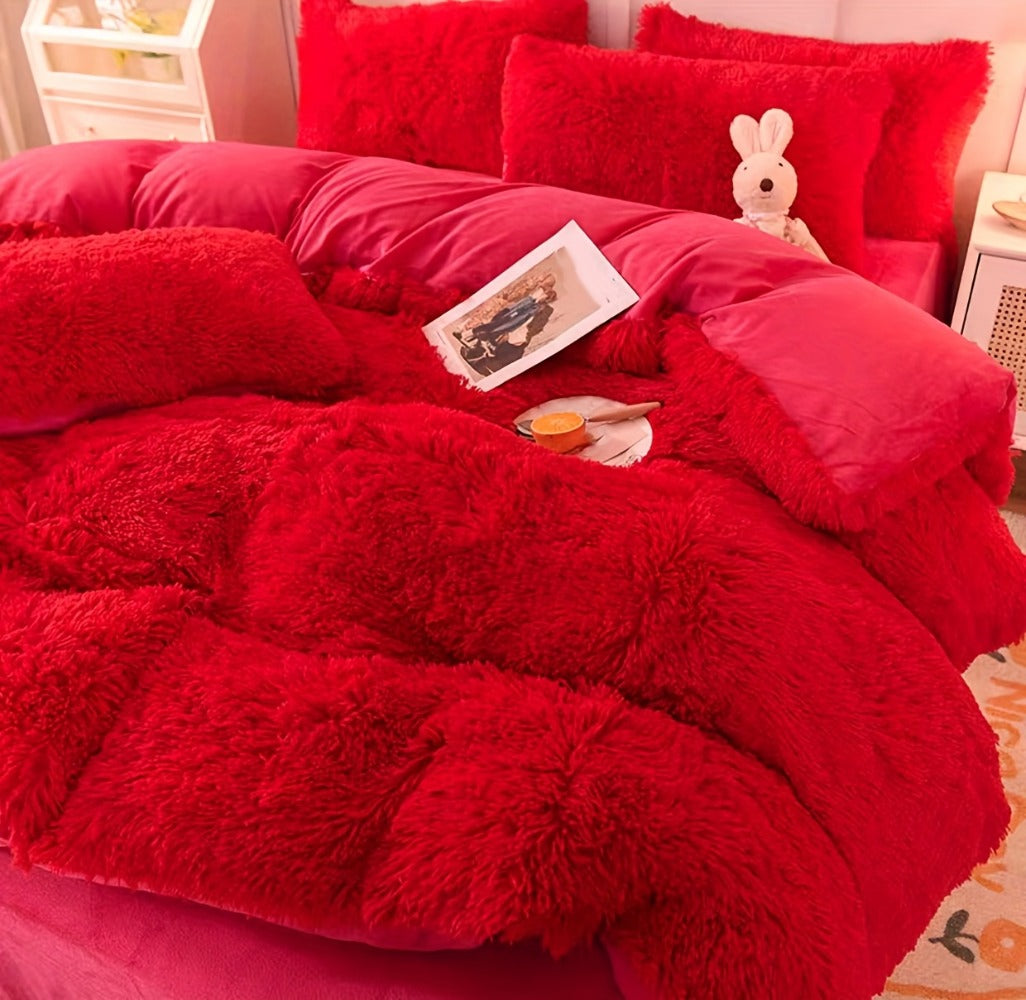 Fluffy Bedding Set 4pcs Soft Warm Plush Duvet Cover with Pillowcases Queen King - Cozy Autumn Winter Comforter Set 8 Colors