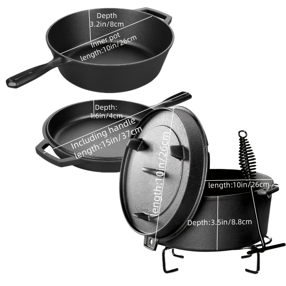 Cast Iron Cookware Set for Kitchen Camping BBQ - Non-Stick Skillet Dutch Pot Frying Pan Baking Tray Griddle Options, Oven Safe Stovetop Campfire Cookware for Home RV Holiday Cooking Multiple Set Choices