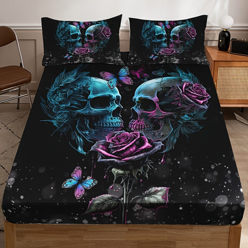 Gothic Skull Rose Fitted Sheet Set 3-Piece Halloween Bedding, HD Print Skull Flower Deep Pocket Fitted Sheet with 2 Pillowcases, Machine Washable Hypoallergenic, Twin Full Queen King, Bedroom Dorm Decor