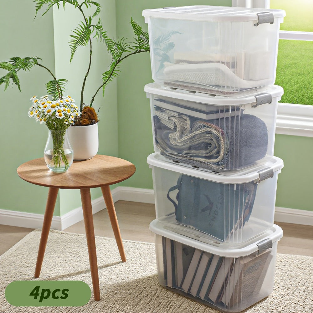 Stackable Storage Bins with Lids 4 Pack Clear Plastic Lidded Containers 46QT Large Organizer Boxes for Pantry Kitchen Bathroom Office Bedroom Closet Garage Seasonal Holiday Storage