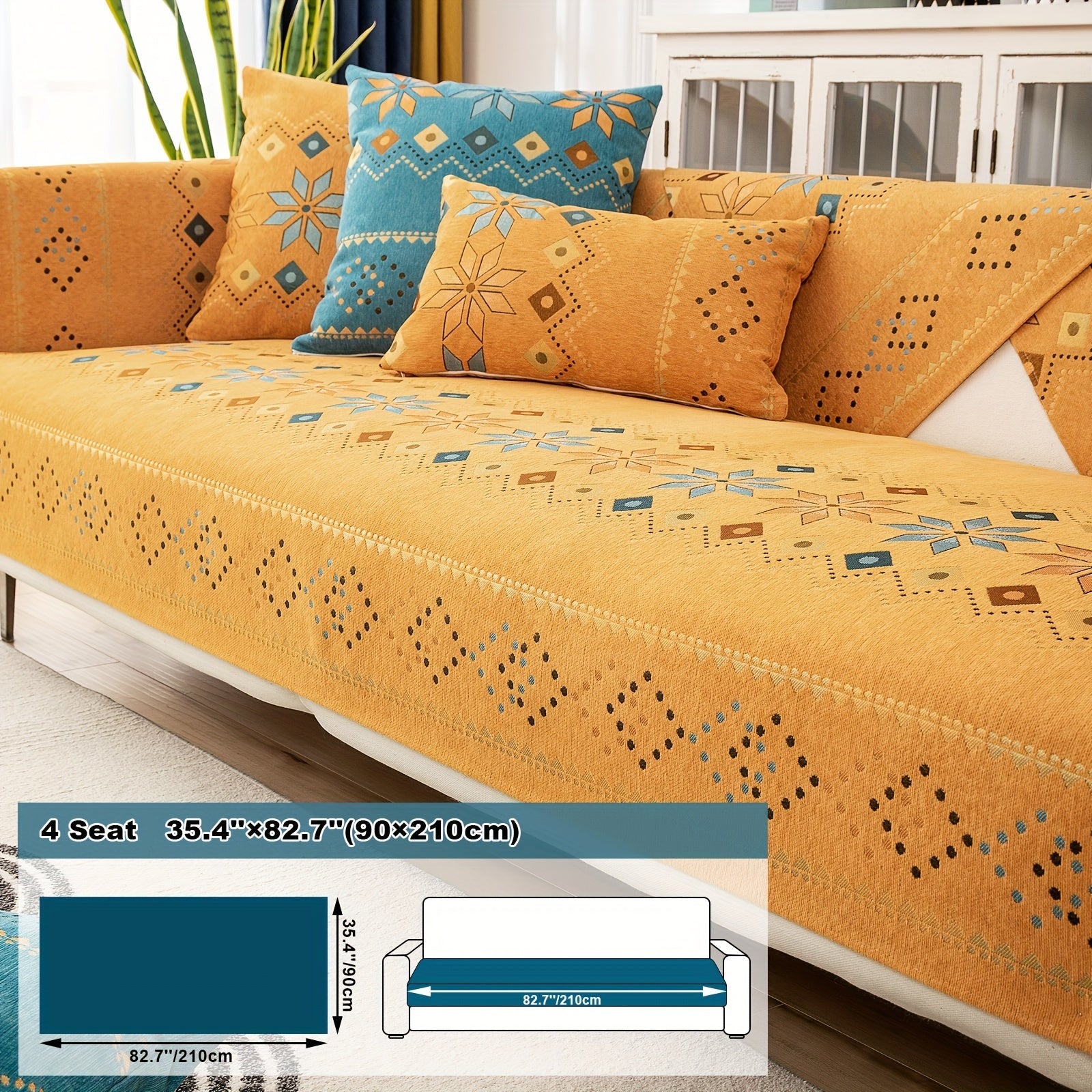 Bohemian Chenille Sofa Cover | Geometric Print Non-Slip Couch Slipcover, Thick Plush Boho Style, 1 to 4 Seat, Armrest & Backrest, Machine Washable, Sectional Sofa Protector