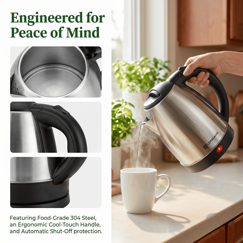 Electric Kettle Stainless Steel 2L Large Capacity - 1000W Fast Boiling Water Kettle with Seamless Interior Safe Odor-Free Design for Family Kitchen Gatherings 67.63oz Black