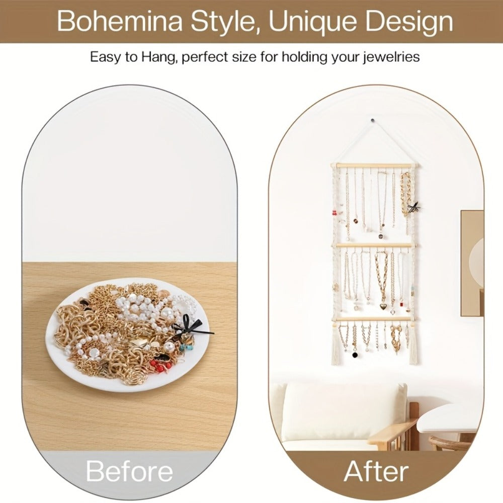 Boho Jewelry Organizer Wall Mount Hanging Rack Hand Woven Tassel Necklace Earring Bracelet Holder 30 Hooks Bedroom Decor Display Stand