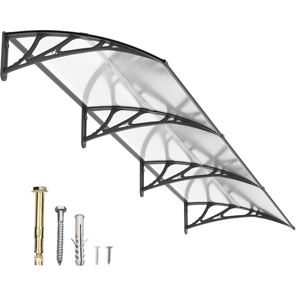 Polycarbonate Window Awning Door Canopy - UV Rain Snow Sun Protection Overhang for Doorways, Patio & Windows, Multiple Sizes, Black/Gray Bracket with Blue/Clear/Brown Board
