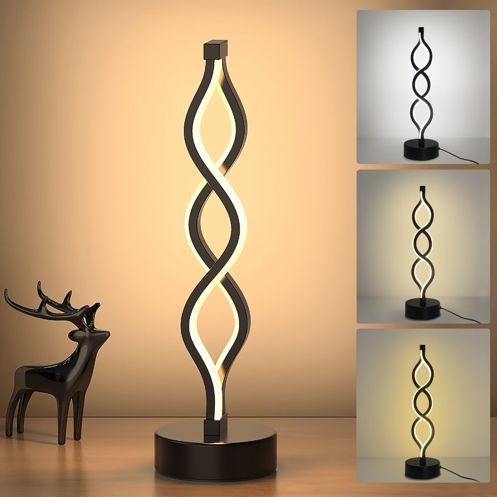 Spiral LED Table Lamp ¨C Modern Minimalist Wave Dimmable Desk Lamp, 3 Color Temperatures, USB Charging, Metallic Base, Creative Curved Night Light for Bedroom Living Room Office Study (1pc / 2pc / Wooden)