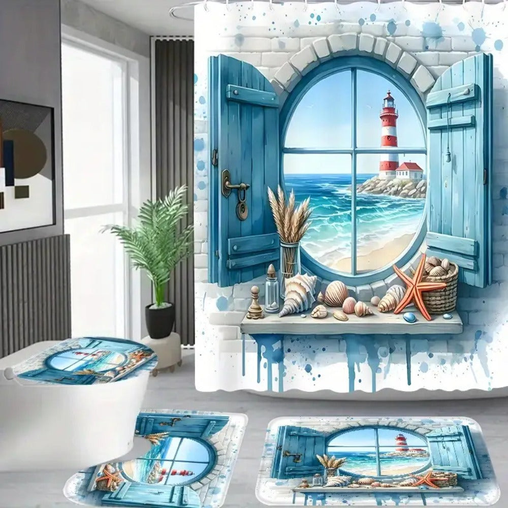Lighthouse Shower Curtain Set with Ocean View Pattern ¨C Nautical Bathroom Decor with Non-Slip Mat, Toilet Seat Cover & 12 Hooks for Apartment Hotel