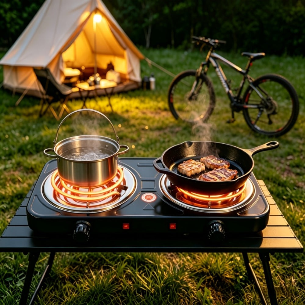 Portable Electric Stove Tabletop Double Burner ¨C Adjustable Rotary Temperature Control, Compact Electric Charcoal Heater for Home, Office, Dorm, Camping, Milk & Coffee Heating, Black