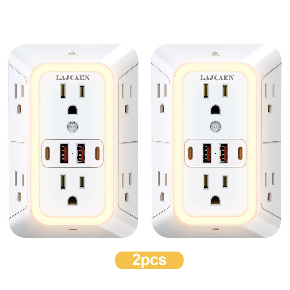 Outlet Splitter Wall Expander 10-in-1 with 6 AC Outlets 2 USB-A 2 USB-C Ports 3-Sided Plug Extender Surge Protector Night Light Compact Space-Saving Design for Home Dorm Apartment Office
