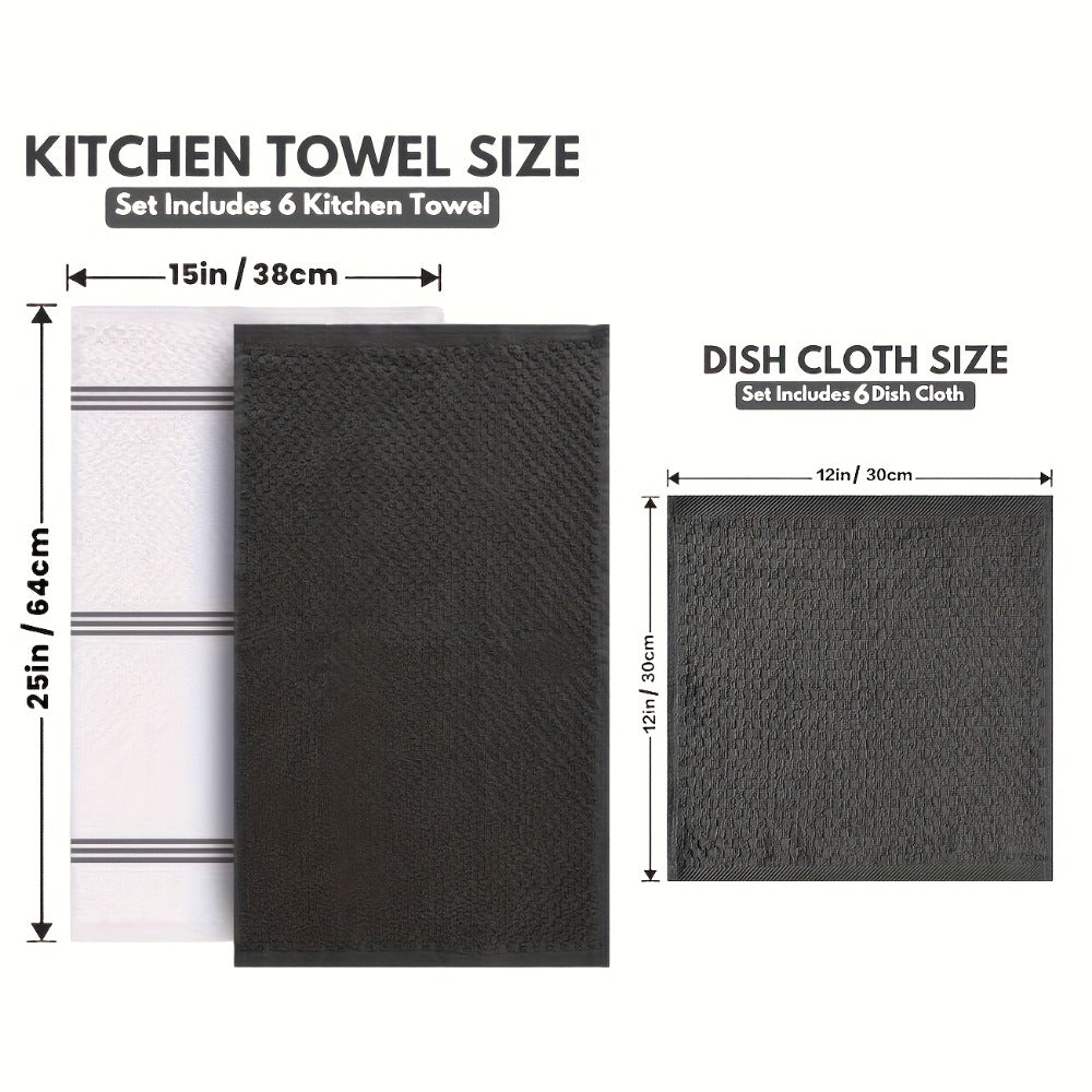 Cotton Kitchen Dish Towel Set 12pcs | 6 Hand Towels 15¡±x25¡± & 6 Wash Towels 12¡±x12¡± | Striped Weave Absorbent Durable Towels for Cooking Cleaning Drying