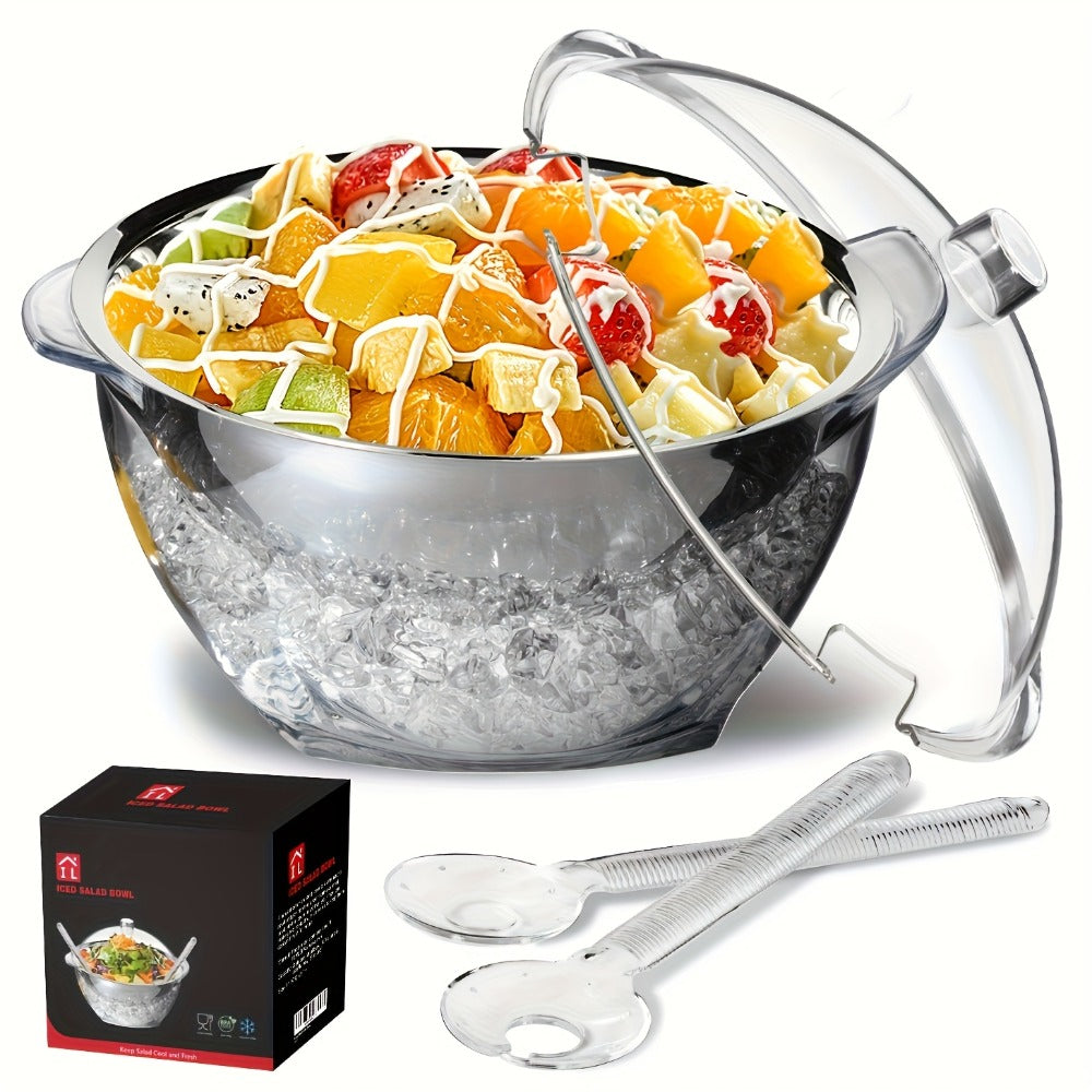 Stainless Steel Ice Chiller Salad Bowl with Lid and Serving Spoons ¨C Large Refrigerated Veggie Fruit Tray with Ice Chiller Base for Party Entertaining Buffet Outdoor Picnic Food Display