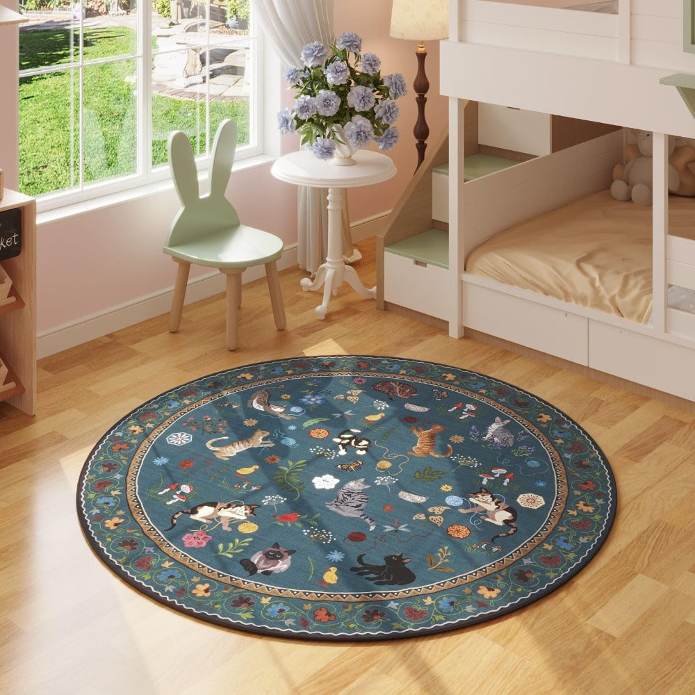 Boho Cat Floral Area Rug ¨C Vintage Blue Animal Print Low Pile Carpet, Non-Slip Soft Rug for Living Room, Bedroom & Dining Room, Round & Runner Sizes, Easy Clean