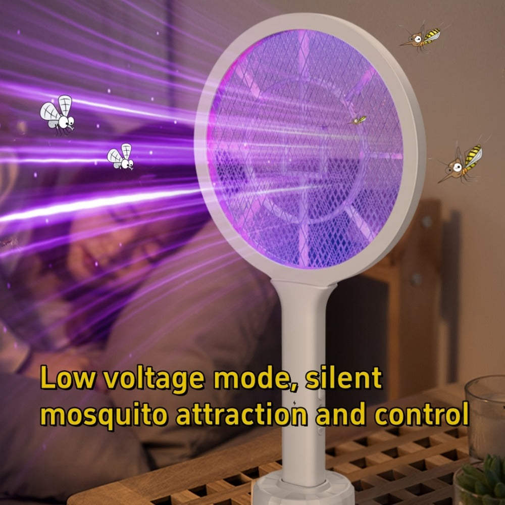 Electric Mosquito Swatter Racket Bug Zapper with LED Night Light & USB Charging, Handheld Insect Killer with Base Stand, Dual Mode Mosquito Lure Lamp for Home, Office & Outdoor Use