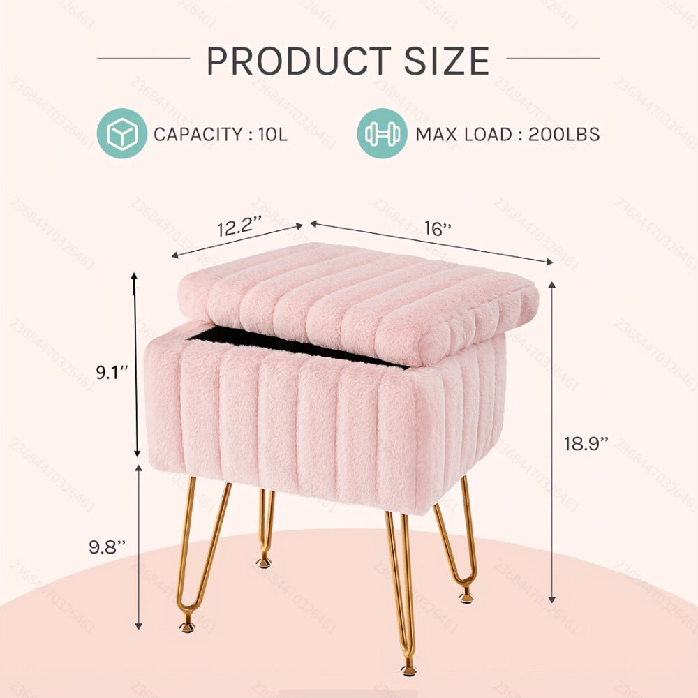 Faux Fur Storage Ottoman Stool ¨C Soft Furry Vanity Seat with Storage, 4 Metal Legs & Non-Slip Feet ¨C Cute Modern Multi-Function Chair for Bedroom, Vanity & Living Room