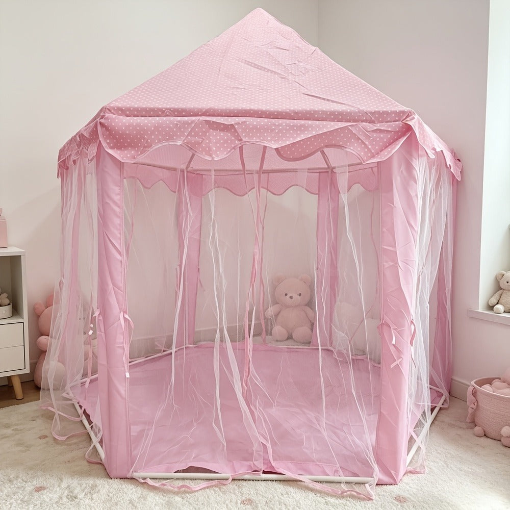 Kids Princess Tent Hexagonal Play Tent with Sheer Door Curtain ¨C Flower Pattern Mosquito Net Castle for Girls, Indoor Outdoor Playhouse Canopy Bed Tent